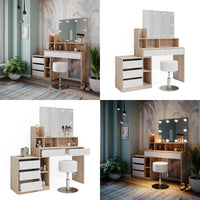 Vicco Tavolo da toilette Bianco/Sonoma 139.8 cm con illuminazione a LED e sgabello