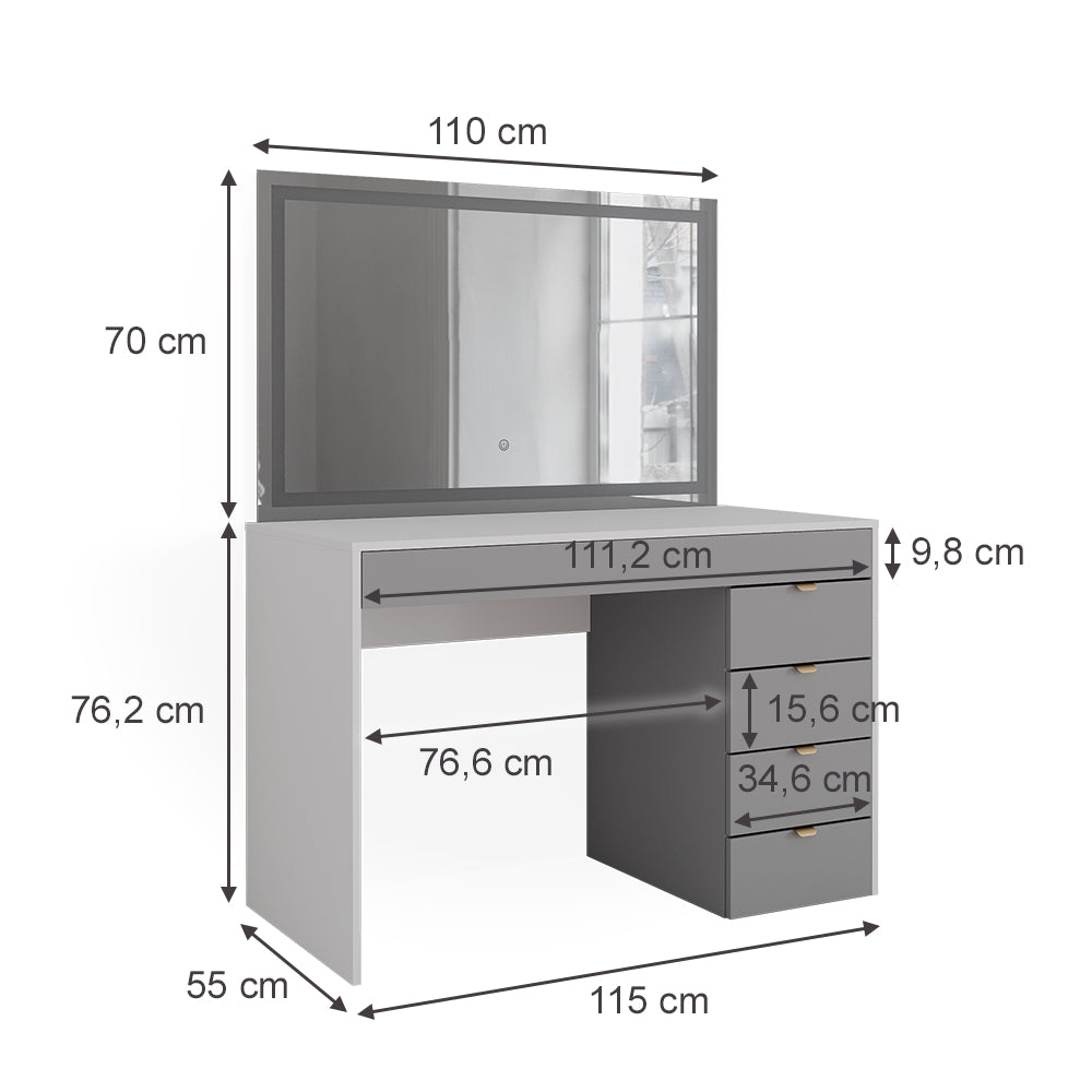 Vicco Tavolo da toeletta Bianco/grigio/grigio 115 cm con specchio a LED
