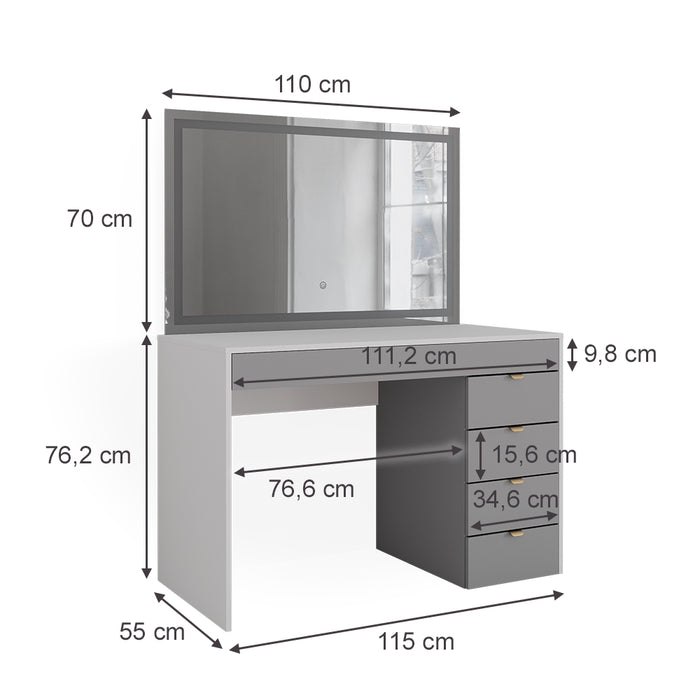 Vicco Tavolo da toeletta Bianco/grigio/grigio 115 cm con specchio a LED