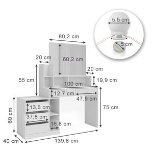 Vicco Tavolo da toilette Bianco 139.8 cm con illuminazione a LED
