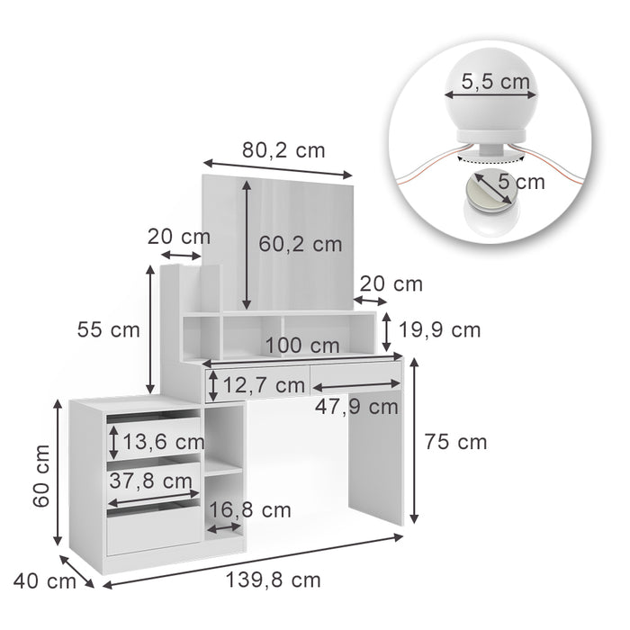 Vicco Tavolo da toilette Bianco 139.8 cm con illuminazione a LED