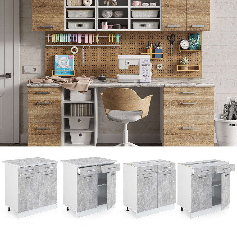 Vicco Base universale Calcestruzzo 80 cm con cassetti e ante, senza piano di lavoro