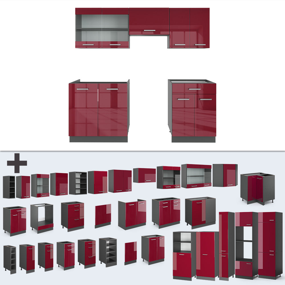 Vicco Cucina componibile Rosso lucido/antracite 200 cm , PL Marmo