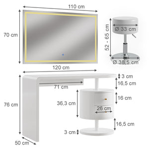 Vicco Tavolo da toeletta Bianco 120 cm con specchio LED e sgabello
