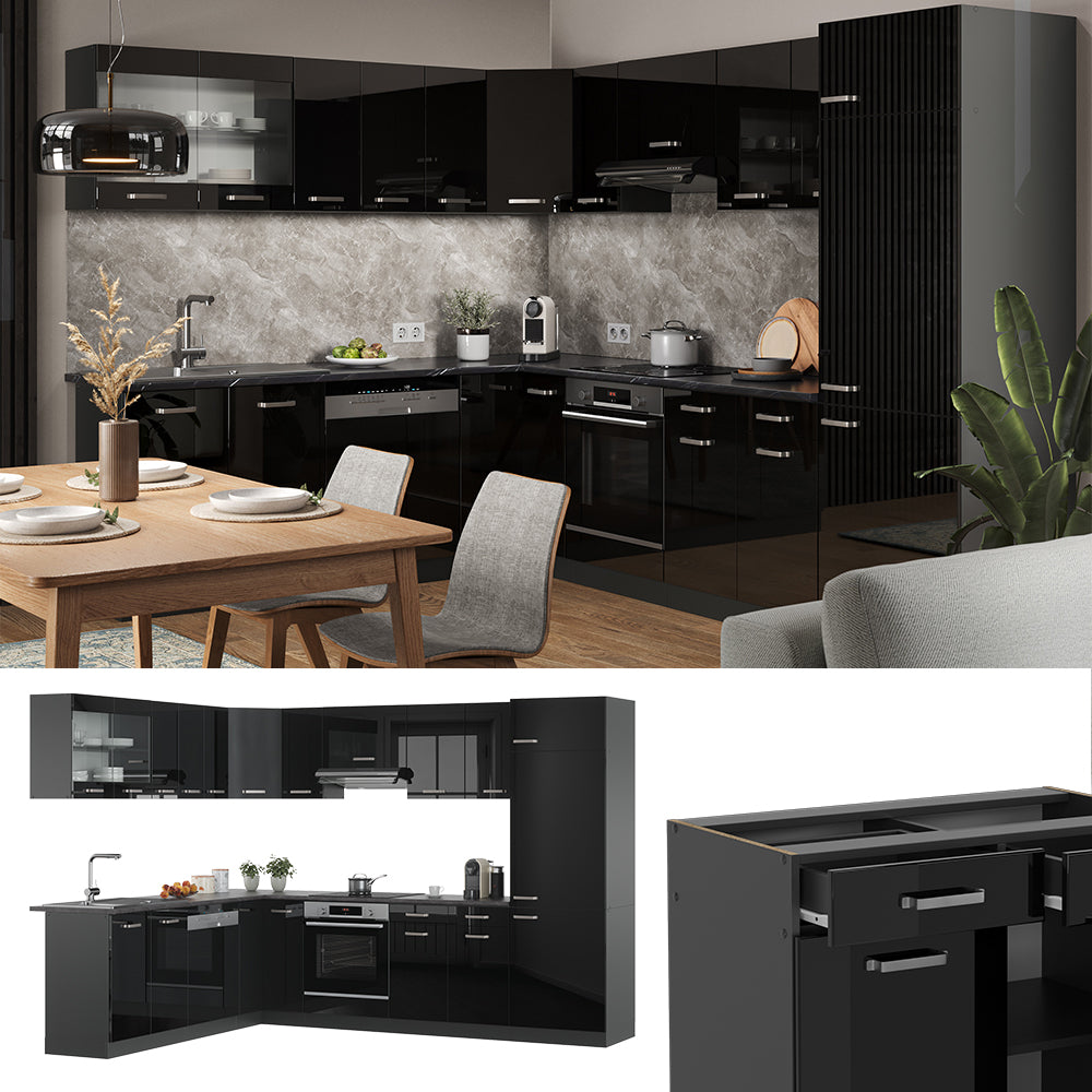 Vicco Cucina angolare completa Nero lucido/antracite 227 x 287 cm senza piano di lavoro