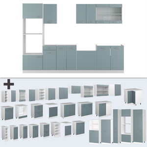 Vicco Cucina componibile Grigio-blu 300 cm con armadio alto, PL Marmo