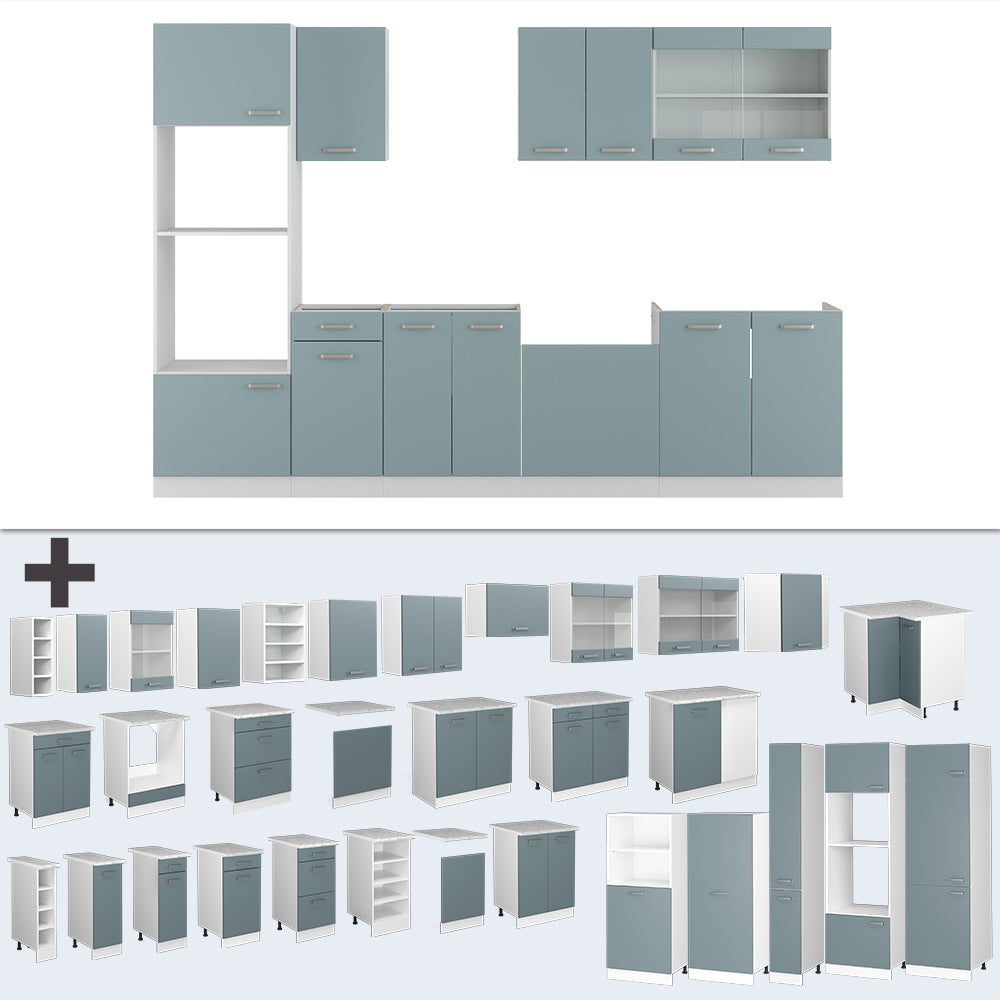 Vicco Cucina componibile Blu-grigio/bianco 300 cm con armadio alto, PL Antracite