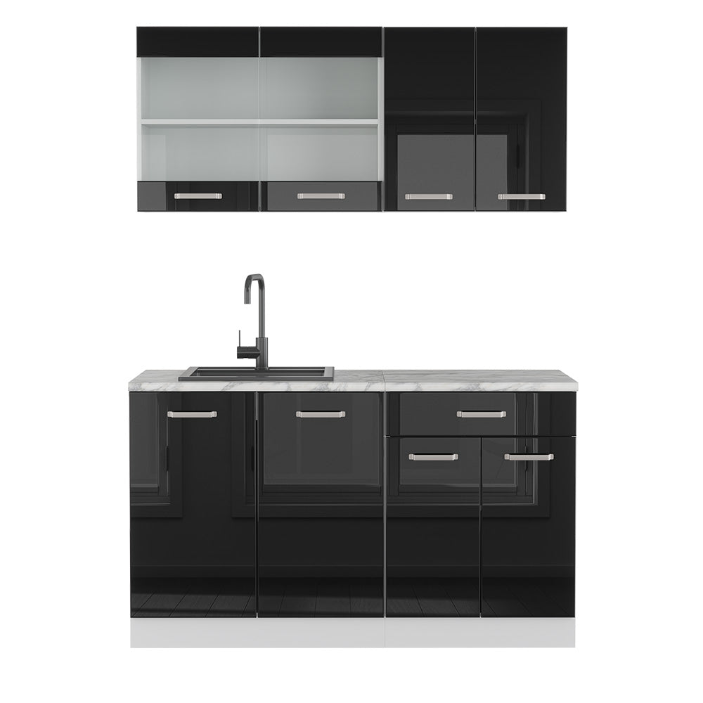 Vicco Cucina monoblocco Nero lucido 140 cm , PL Marmo