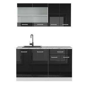 Vicco Cucina monoblocco Nero lucido 140 cm , PL Marmo