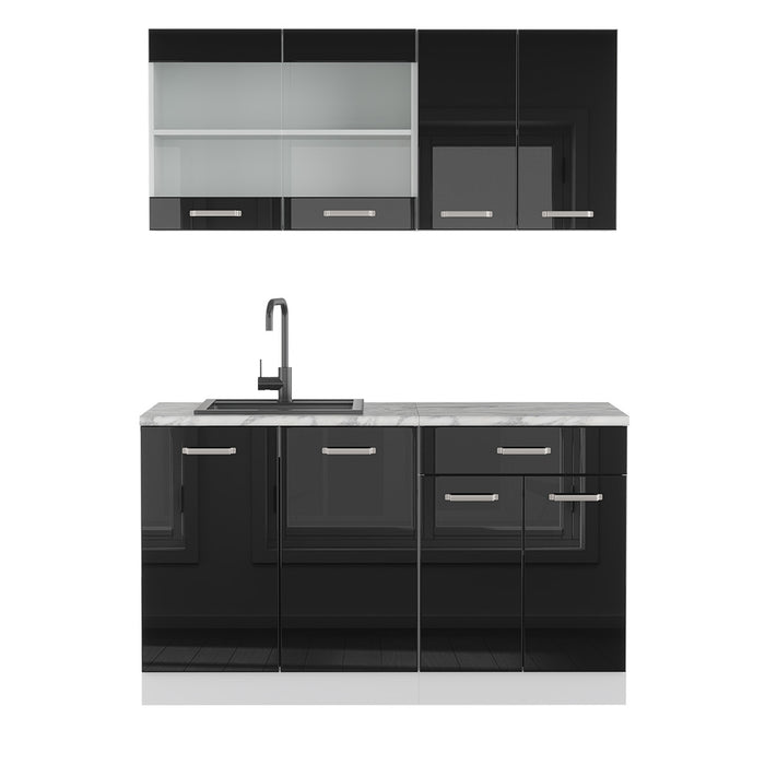 Vicco Cucina monoblocco Nero lucido 140 cm , PL Marmo