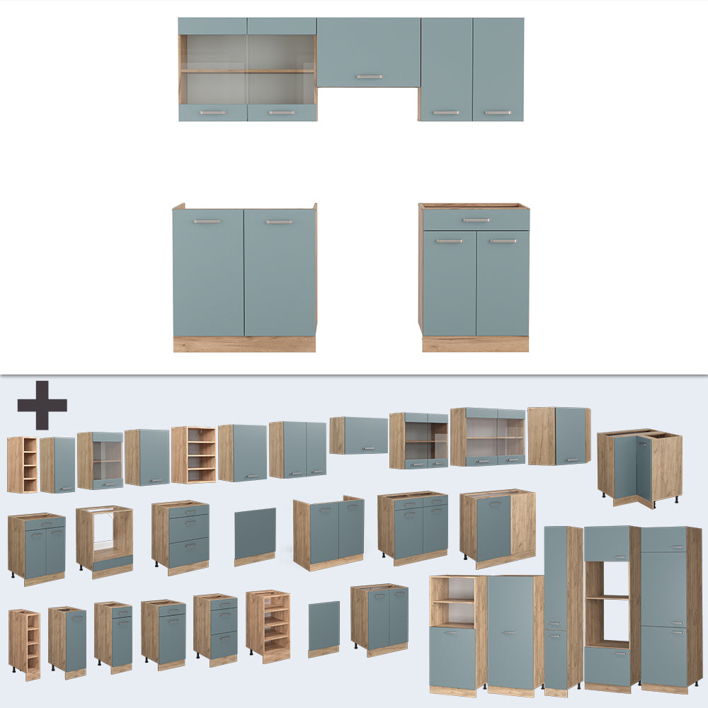 Vicco Cucina componibile Rovere blu-grigio/oro 200 cm senza piano di lavoro