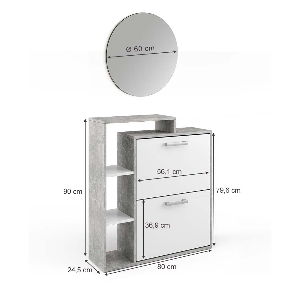 Vicco Scarpiera da ingresso Calcestruzzo 2 parti, con specchio