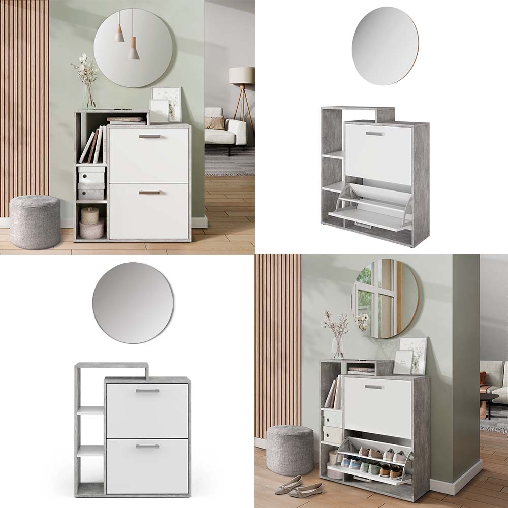 Vicco Scarpiera da ingresso Calcestruzzo 2 parti, con specchio