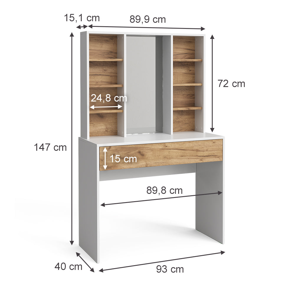 Vicco Tavolo da toeletta Quercia dorata/bianco 93 cm con specchio