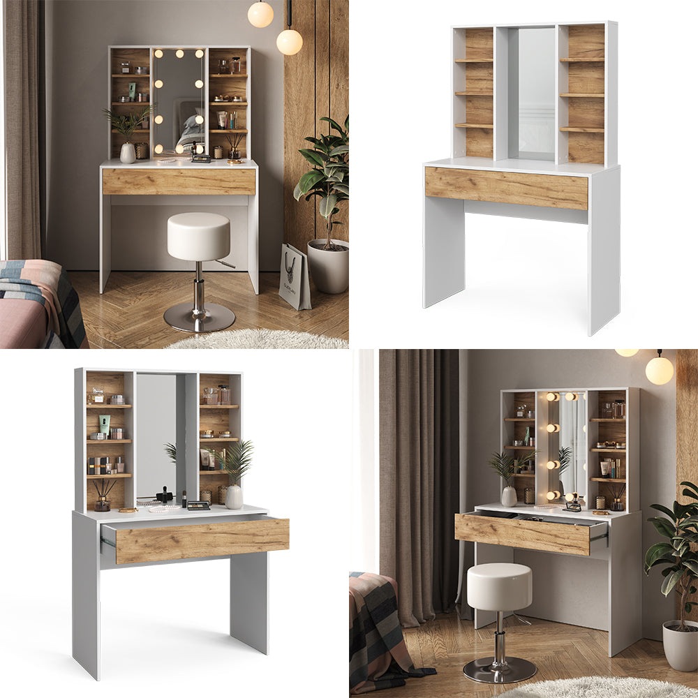 Vicco Tavolo da toeletta Quercia dorata/bianco 93 cm con specchio