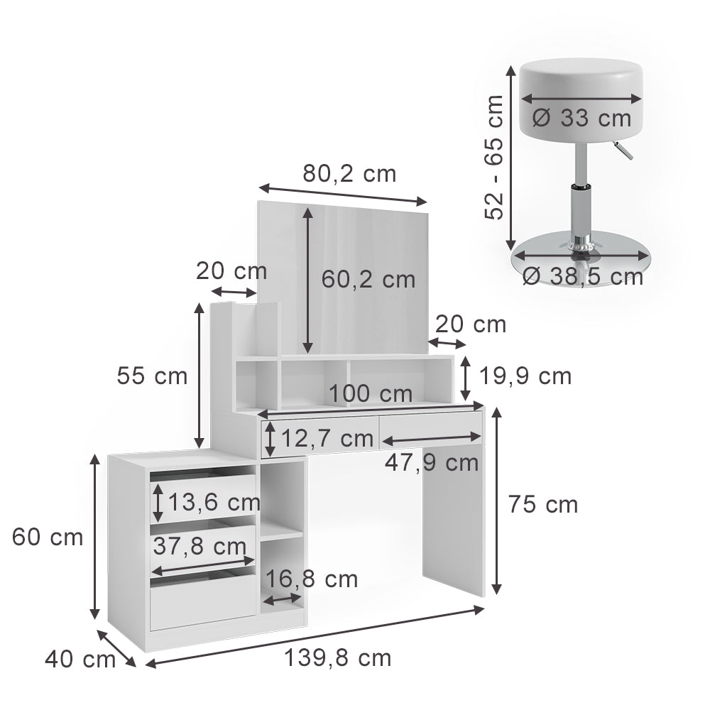Vicco Tavolino da toilette Bianco 139.8 cm con sgabello