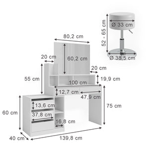 Vicco Tavolino da toilette Bianco 139.8 cm con sgabello