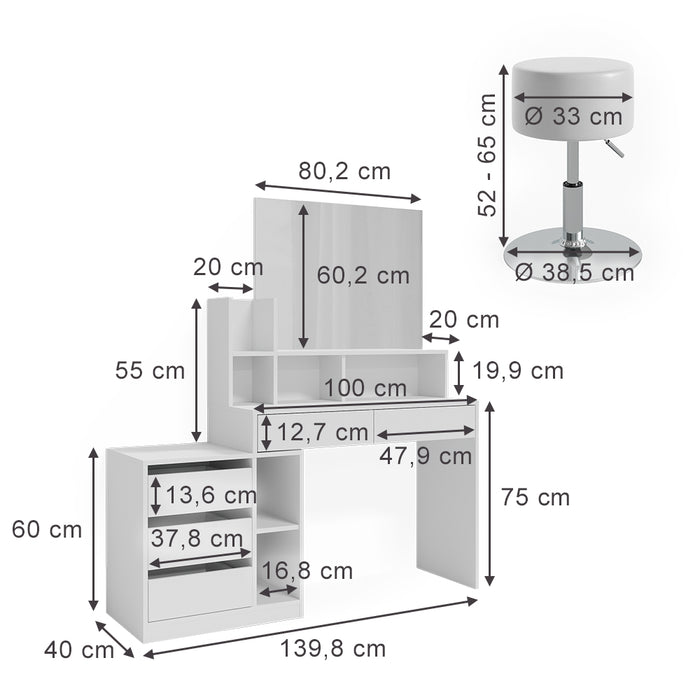 Vicco Tavolino da toilette Bianco 139.8 cm con sgabello
