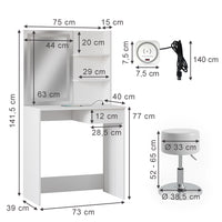 Vicco Tavolo da toeletta Bianco 75 cm con specchio LED, caricatore QI e sgabello