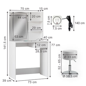 Vicco Tavolo da toeletta Bianco 75 cm con specchio LED, caricatore QI e sgabello