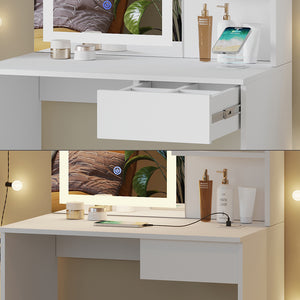 Vicco Tavolo da toeletta Bianco 75 cm con specchio LED, caricatore QI e sgabello