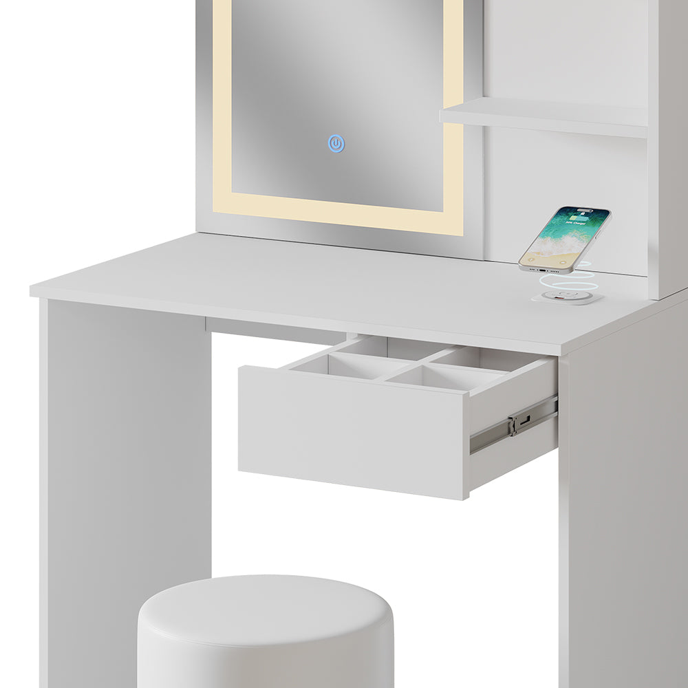 Vicco Tavolo da toeletta Bianco 75 cm con specchio LED, caricatore QI e sgabello