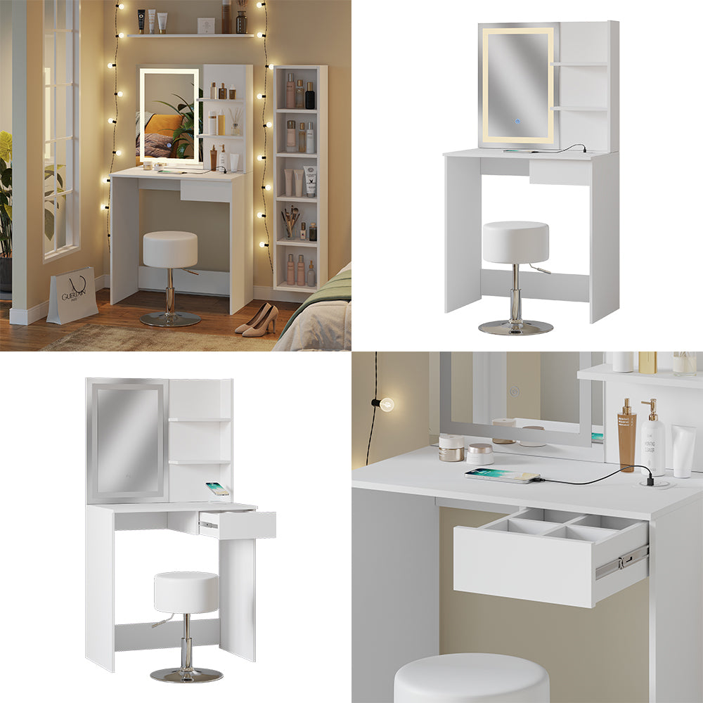 Vicco Tavolo da toeletta Bianco 75 cm con specchio LED, caricatore QI e sgabello