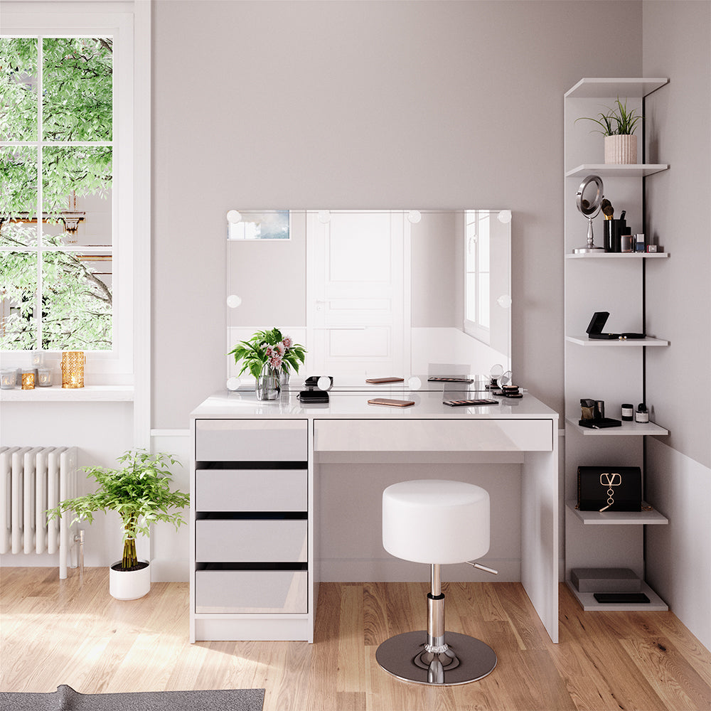 Vicco Tavolino da toilette Bianco 4 pezzi, con ripiano portaoggetti, specchio, sgabello, LED