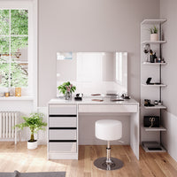 Vicco Tavolino da toilette Bianco 4 pezzi, con ripiano portaoggetti, specchio, sgabello, LED