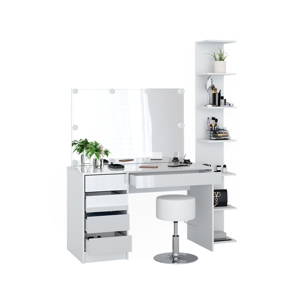 Vicco Tavolino da toilette Bianco 4 pezzi, con ripiano portaoggetti, specchio, sgabello, LED