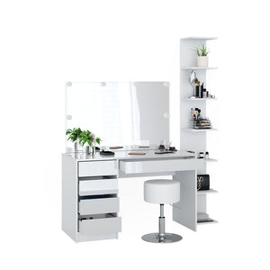 Vicco Tavolino da toilette Bianco 4 pezzi, con ripiano portaoggetti, specchio, sgabello, LED