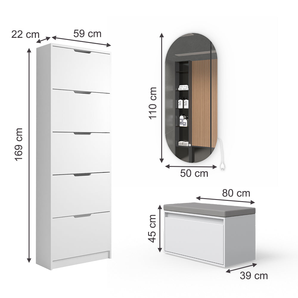 Vicco Scarpiera Bianco 3 parti, con specchio e panca a LED