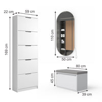 Vicco Scarpiera Bianco 3 parti, con specchio e panca a LED