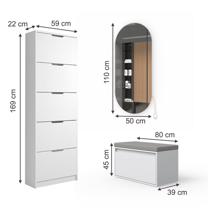 Vicco Scarpiera Bianco 3 parti, con specchio e panca a LED