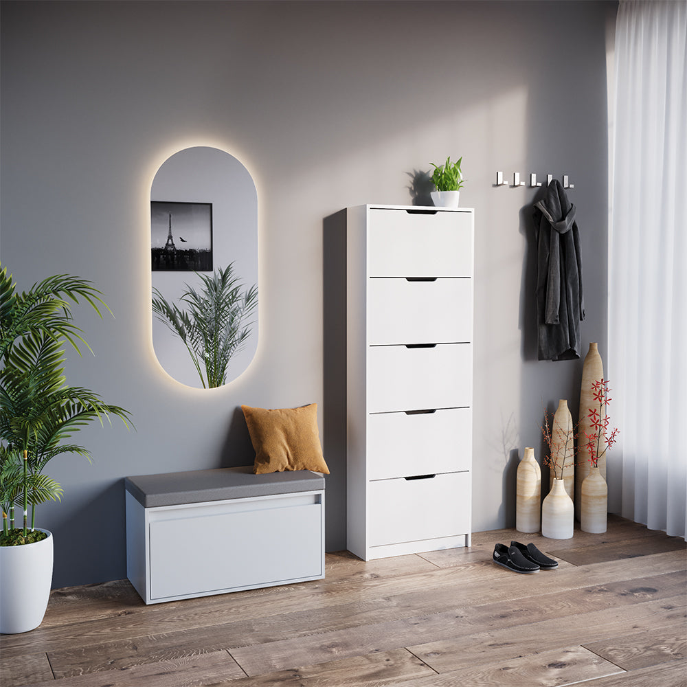 Vicco Scarpiera Bianco 3 parti, con specchio e panca a LED