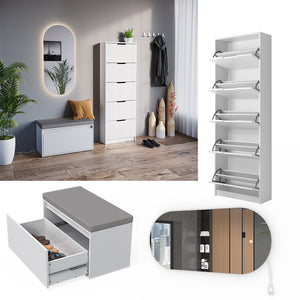 Vicco Scarpiera Bianco 3 parti, con specchio e panca a LED