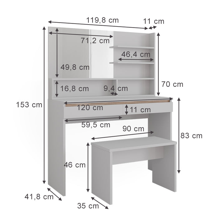 Vicco Tavolino da toilette Bianco 120 cm con panca