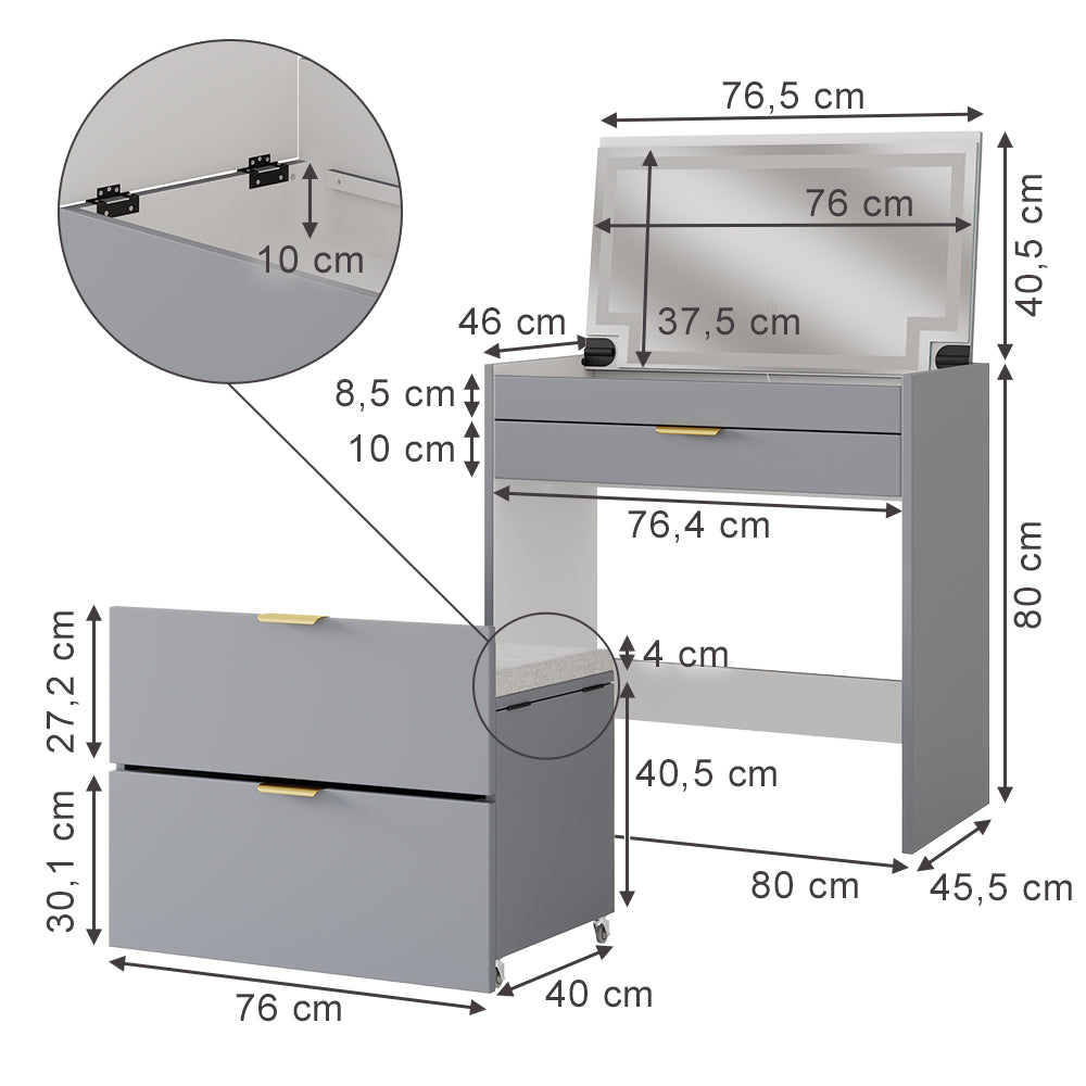 Vicco Tavolino da toilette Grigio 80 cm con panca e specchio LED