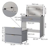 Vicco Tavolino da toilette Grigio 80 cm con panca e specchio LED