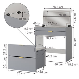 Vicco Tavolino da toilette Grigio 80 cm con panca e specchio LED