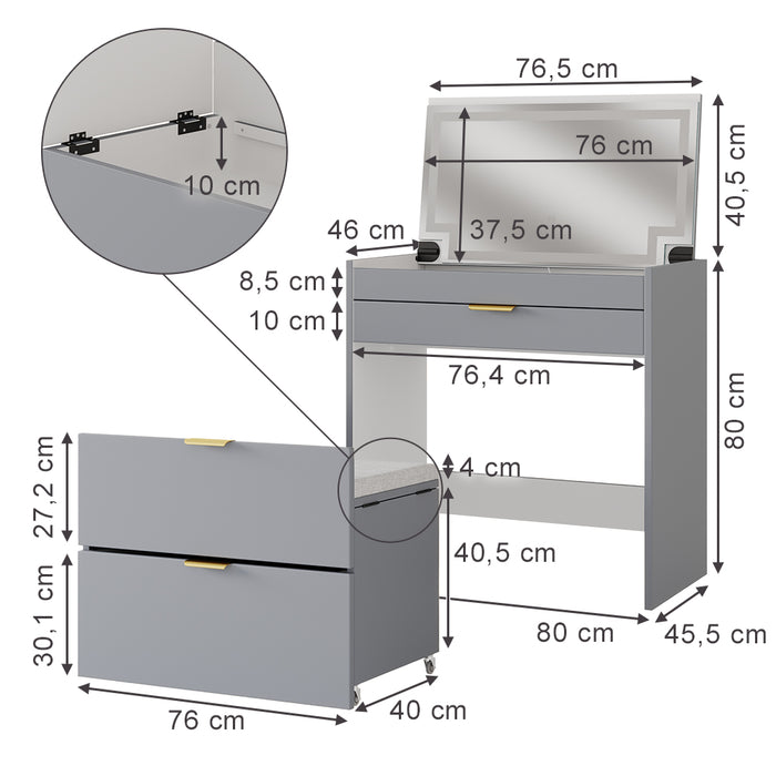 Vicco Tavolino da toilette Grigio 80 cm con panca e specchio LED