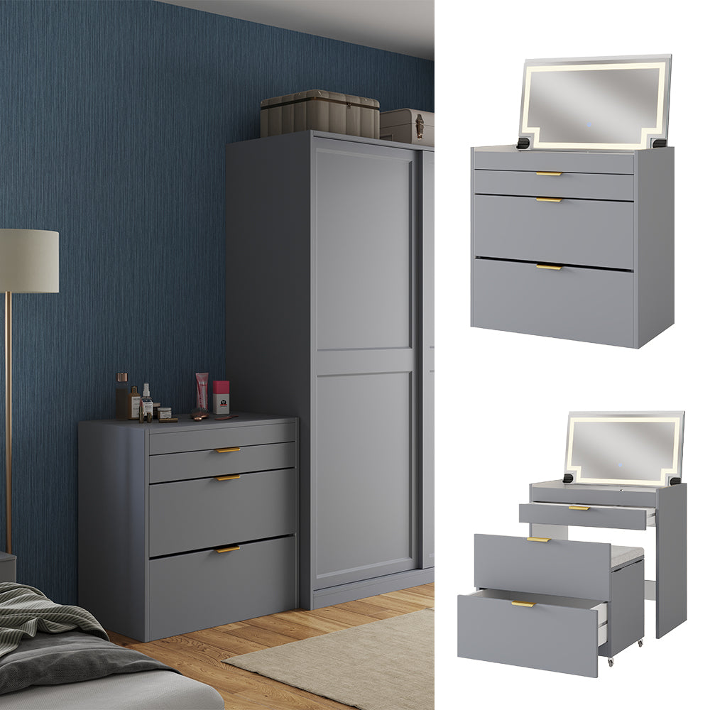 Vicco Tavolino da toilette Grigio 80 cm con panca e specchio LED