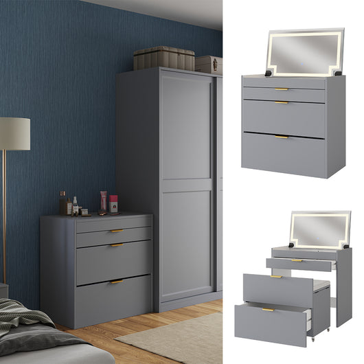 Vicco Tavolino da toilette Grigio 80 cm con panca e specchio LED