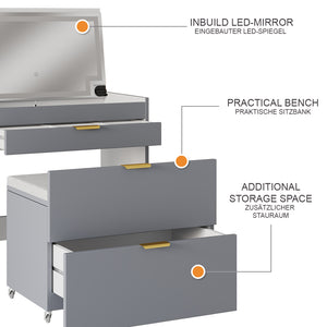 Vicco Tavolino da toilette Grigio 80 cm con panca e specchio LED