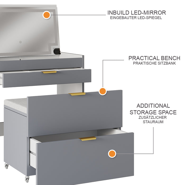 Vicco Tavolino da toilette Grigio 80 cm con panca e specchio LED