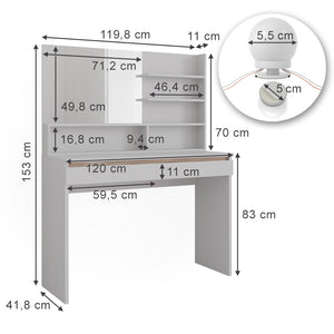 Vicco Tavolo da toilette Bianco 120 cm con ripiano a specchio e illuminazione a LED