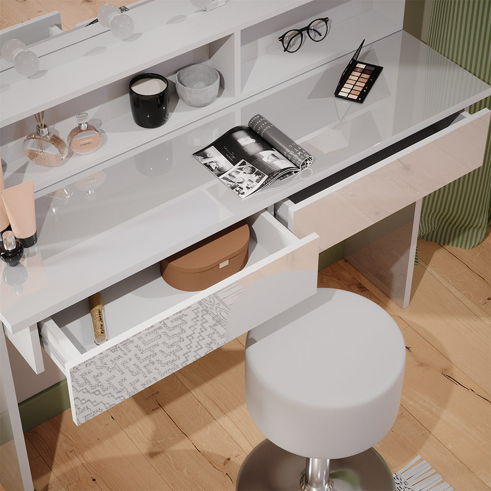 Vicco Tavolo da toeletta Bianco 120 cm con illuminazione a LED e sgabello