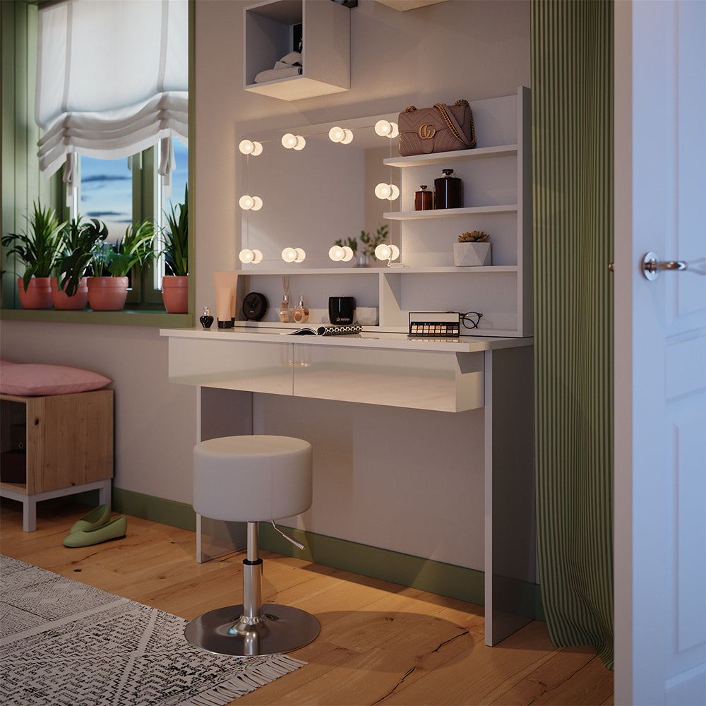 Vicco Tavolo da toeletta Bianco 120 cm con illuminazione a LED e sgabello