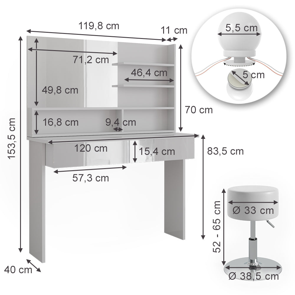 Vicco Tavolo da toeletta Bianco 120 cm con illuminazione a LED e sgabello