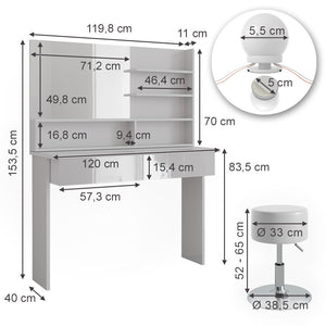 Vicco Tavolo da toeletta Bianco 120 cm con illuminazione a LED e sgabello